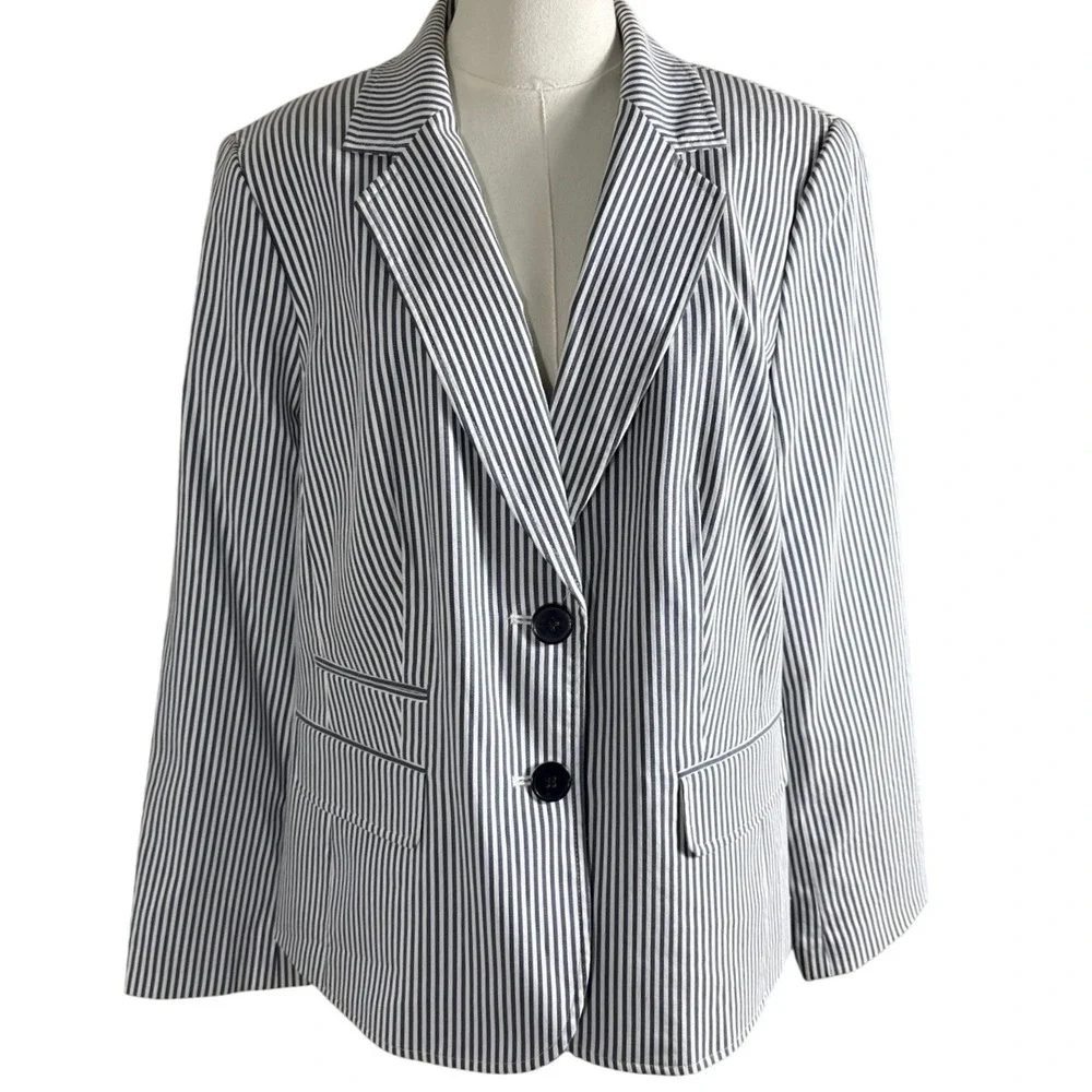 Nine West Womens 14W Blue White Striped Blazer Two Button Cotton Blend Jacket - Picture 1 of 9